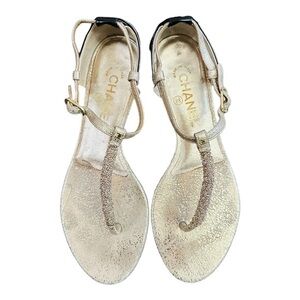 Chanel gold metallic flake leather sandals with black patten heels size 38
